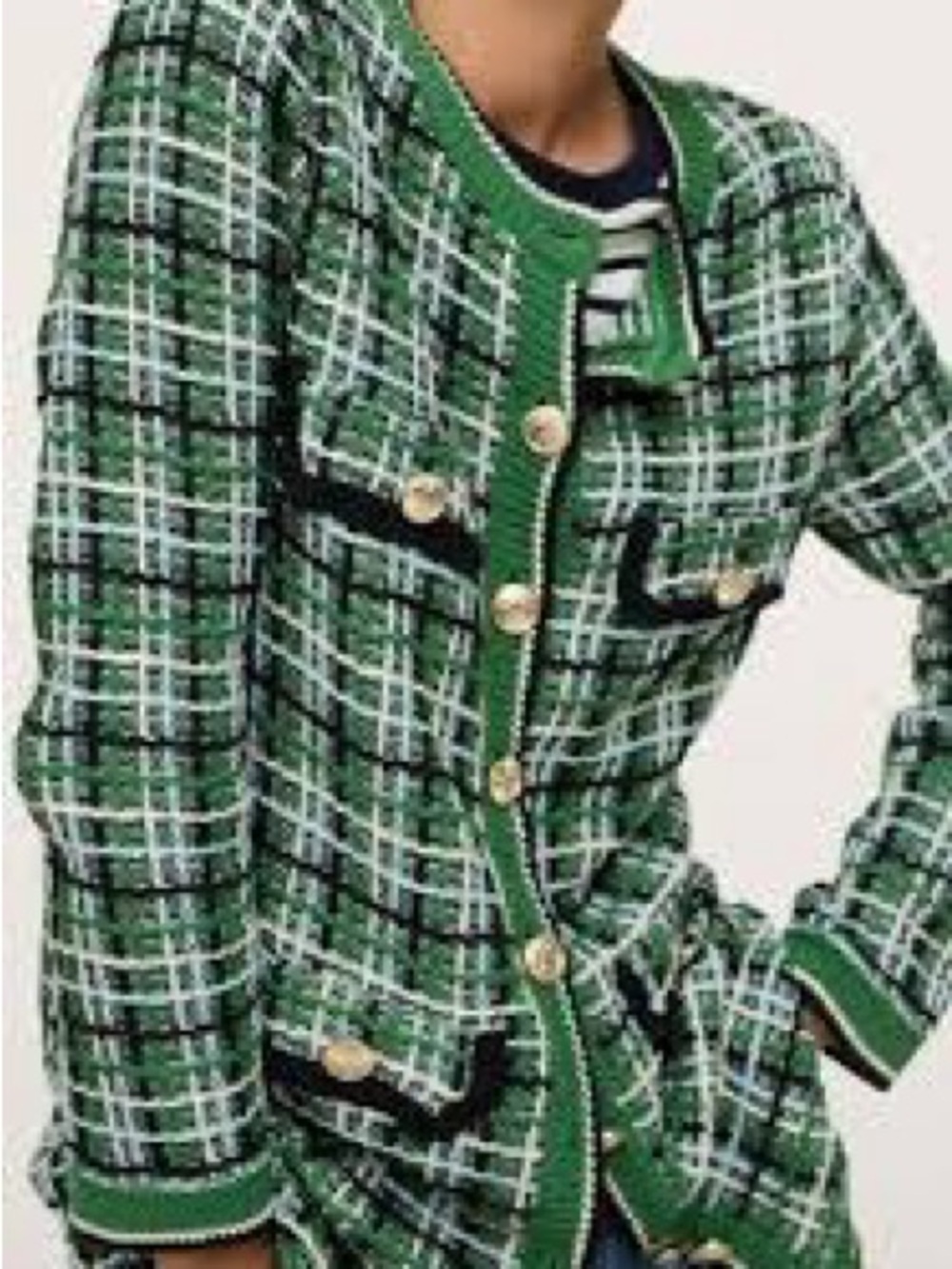 Mango Green Plaid Bouclé Longline Cardigan with Gold Buttons